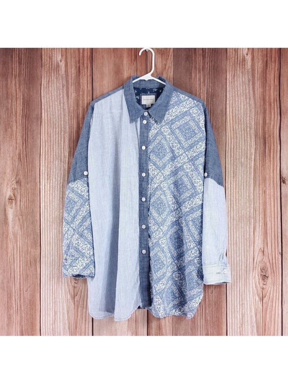 American Eagle Womens Small Denim Wash Stripes Floral Oversized Patchwork Shirt
